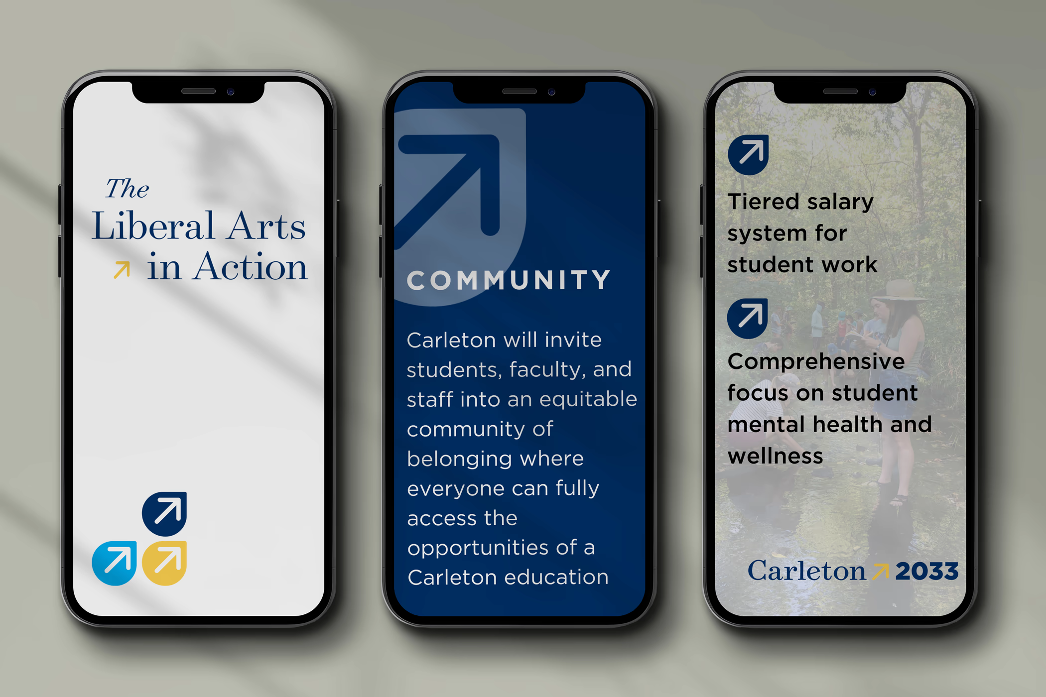 Three phone screens showing design and messaging of strategic plan