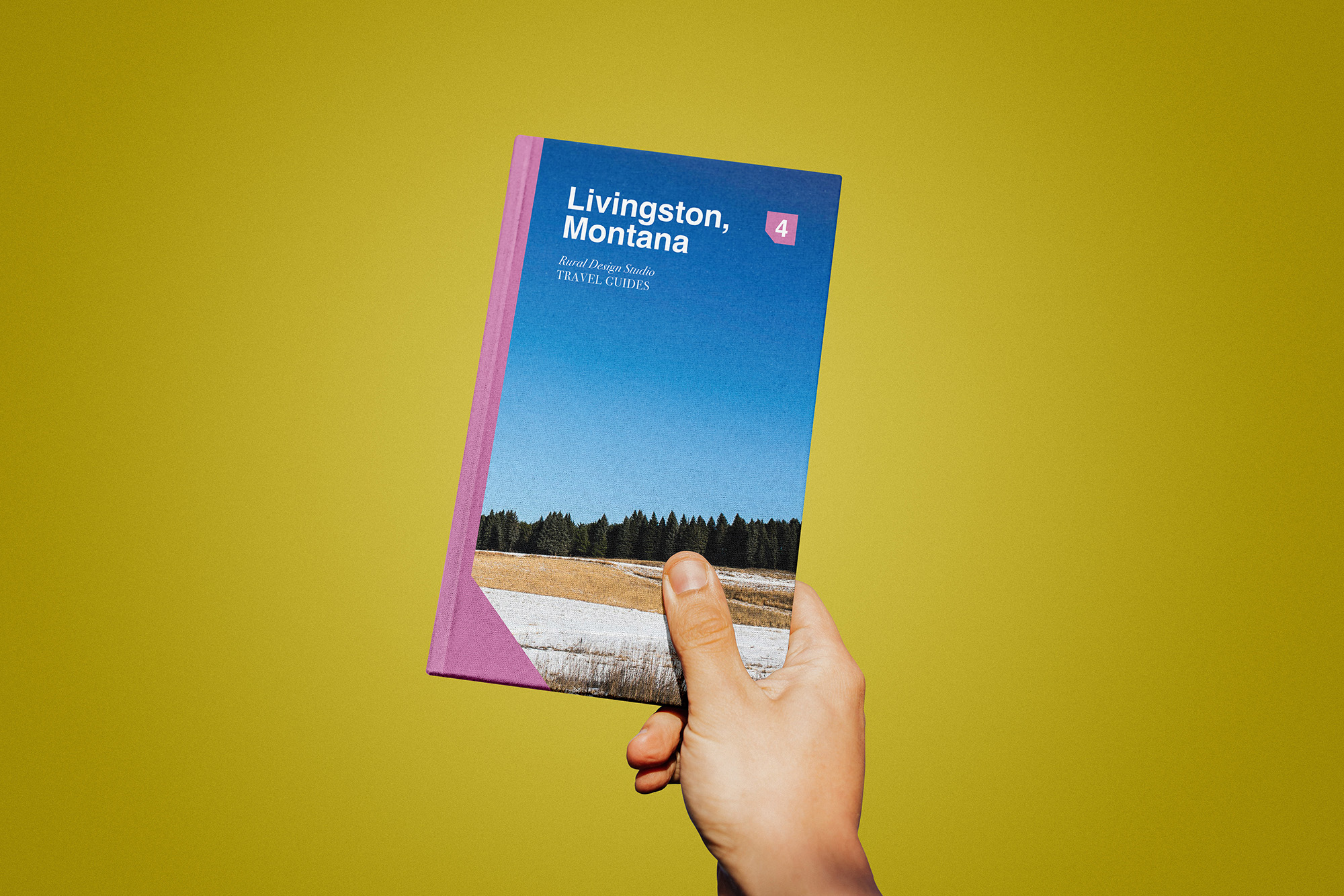 hand holding travel guide book in front of yellow backdrop