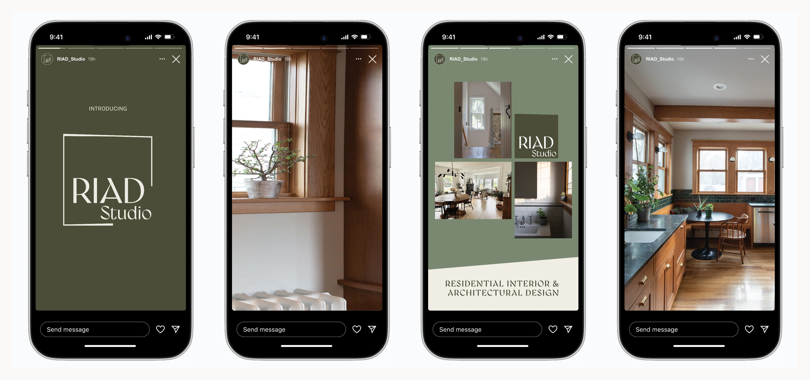 four phones with Instagram story mockups of RIAD work