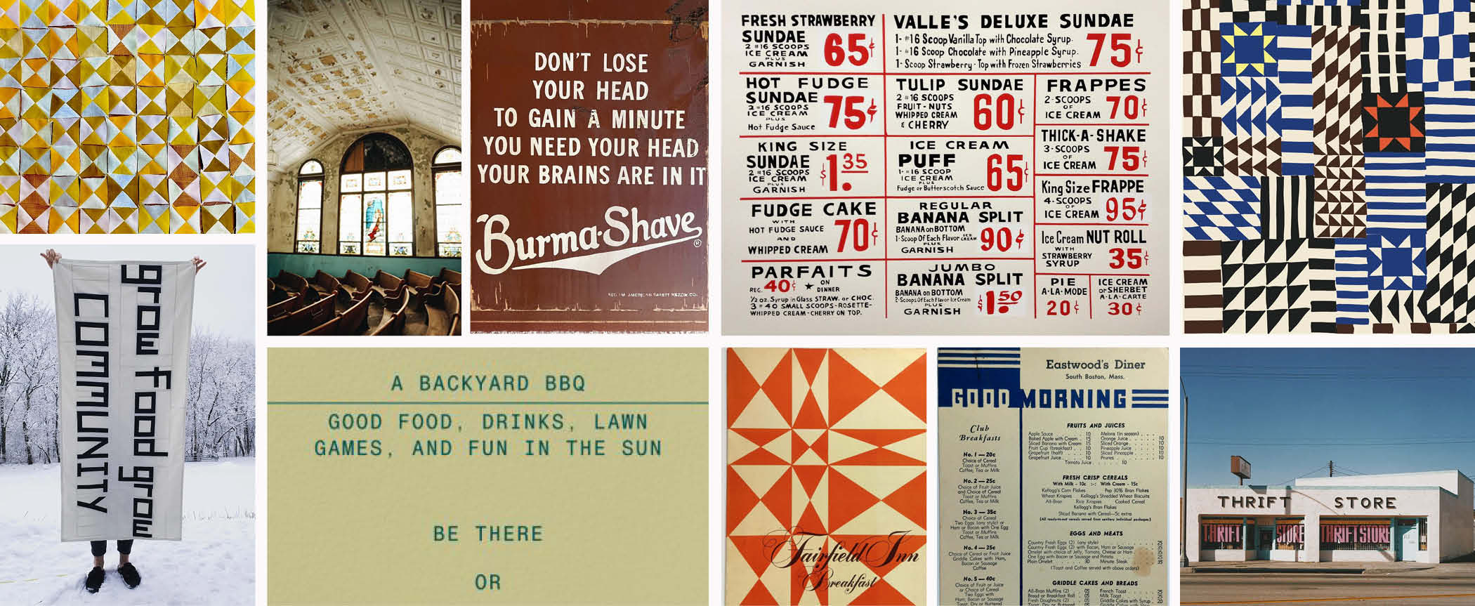 Moodboard images of geometric quilts and hand-painted signs